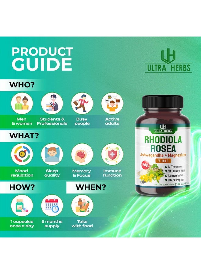 ULTRA HERBS مكمل روديولا روزيا مدعوم بالأشواغاندا والمغنيسيوم وL-ثيانين وعشبة سانت جون وبلسم الليمون - يدعم المزاج وجودة النوم والتركيز الذهني | 150 كبسولة - Image 5