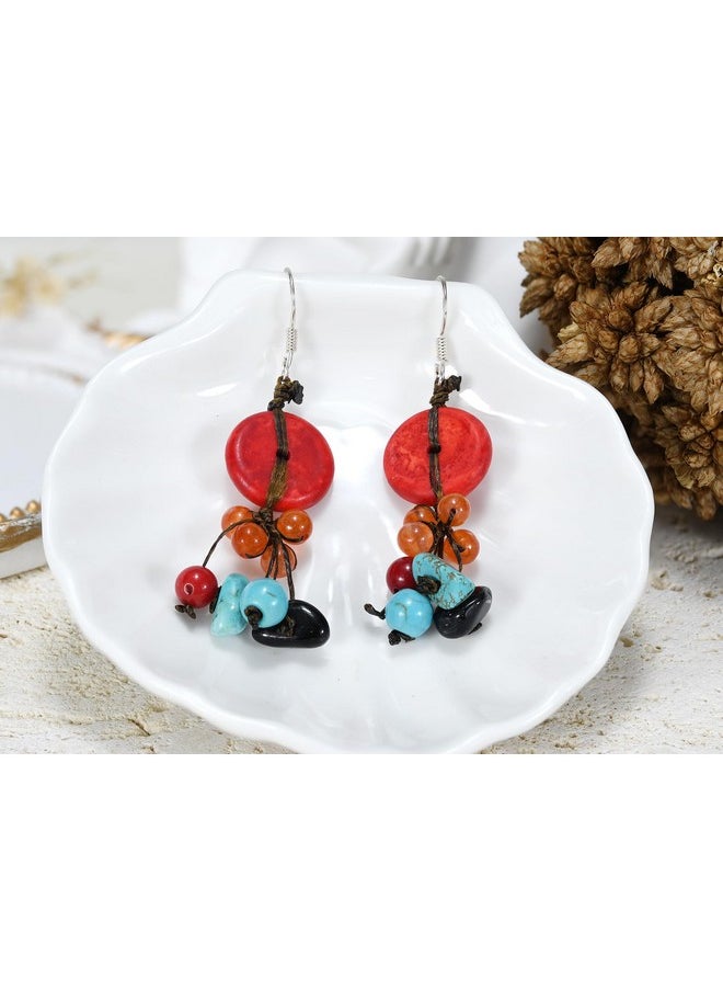 AeraVida Handmade Red Coral And Reconstructed Turquoise Donut Natural Multicolored Stone Showers Earrings For Women | Natural Stones Accessories  - Image 3
