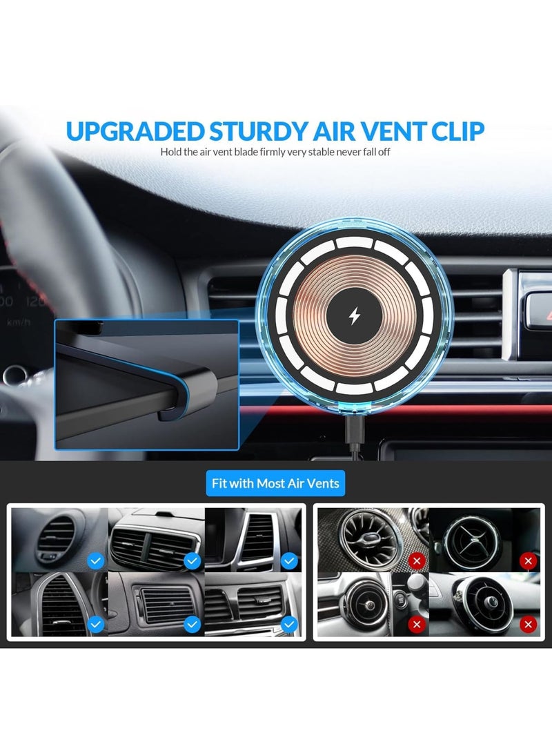 Barakah Magnetic Car Wireless Charger for iPhone 16/15/14/13/12 Pro Plus Max, Car Phone Holder with Ice Blue Breathing Light for Air Vent, 15W Fast Charging, Not easy to fall - Image 2