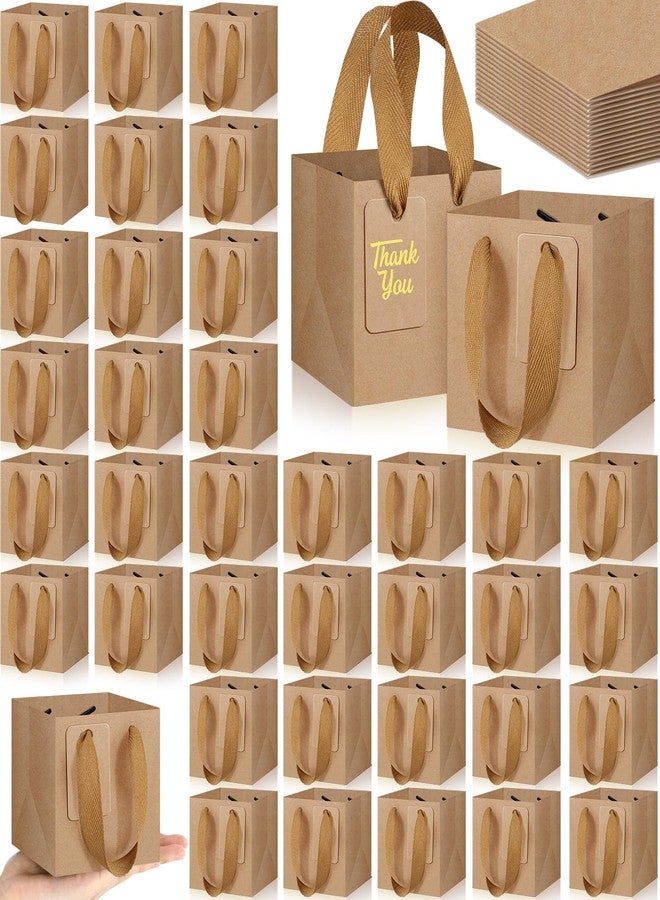 Kolldenn 50 Pcs Small Brown Gift Bags with Handles 4"×4"×4" Mini Kraft Paper Square Gift Bags Bulk with 50 Blank DIY Tags for Wedding Birthday Graduation Shopping Business Party - Image 1