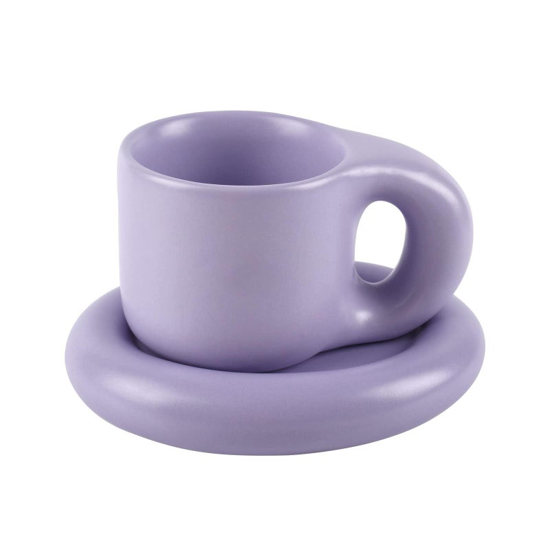 Koythin Ceramic Coffee Chubby Mug Saucer Set Creative Cute Fat Handle Cup with Saucer for Office and Home Dishwasher and Microwave Safe 10 oz for Latte Tea Milk Light Purple