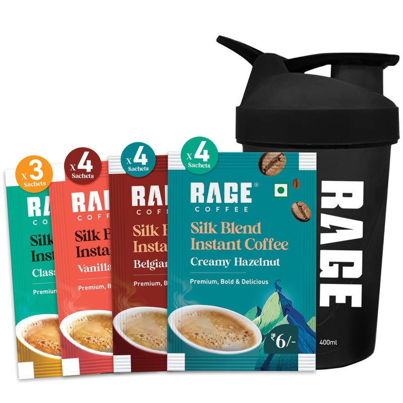 Rage Coffee - Silk Blend Assorted Sachets, Pack of 15 (3 Classic, 4 Creamy Hazelnut, 4 Vanilla Velvet & 4 Belgian Chocolate) +Multi-purpose Shaker 400 ML - Image 1