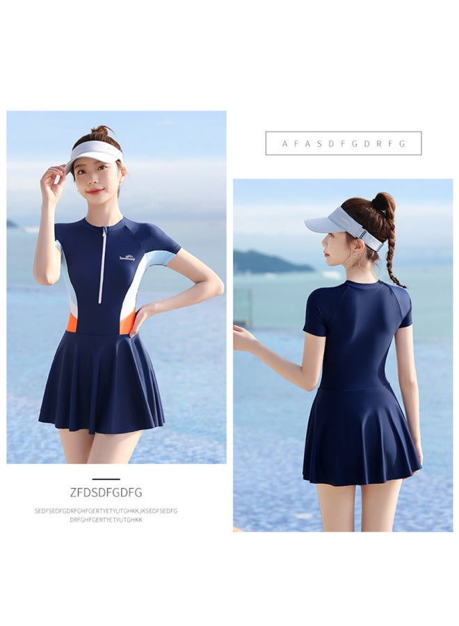 Loquat Swimwear Women's 2023 Belly-Covering Slimming Fashion One-Piece Skirt Swimming Pool Hot Spring Special Seaside Swimming Suit-Color:Navy Blue- - Image 4