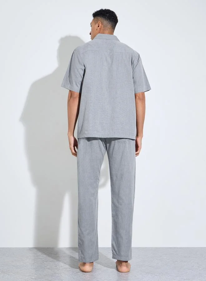 Styli  Grey Solid Short Sleeves Shirt And Straight Leg Pants Pyjama Set for Men | Best Price UAE