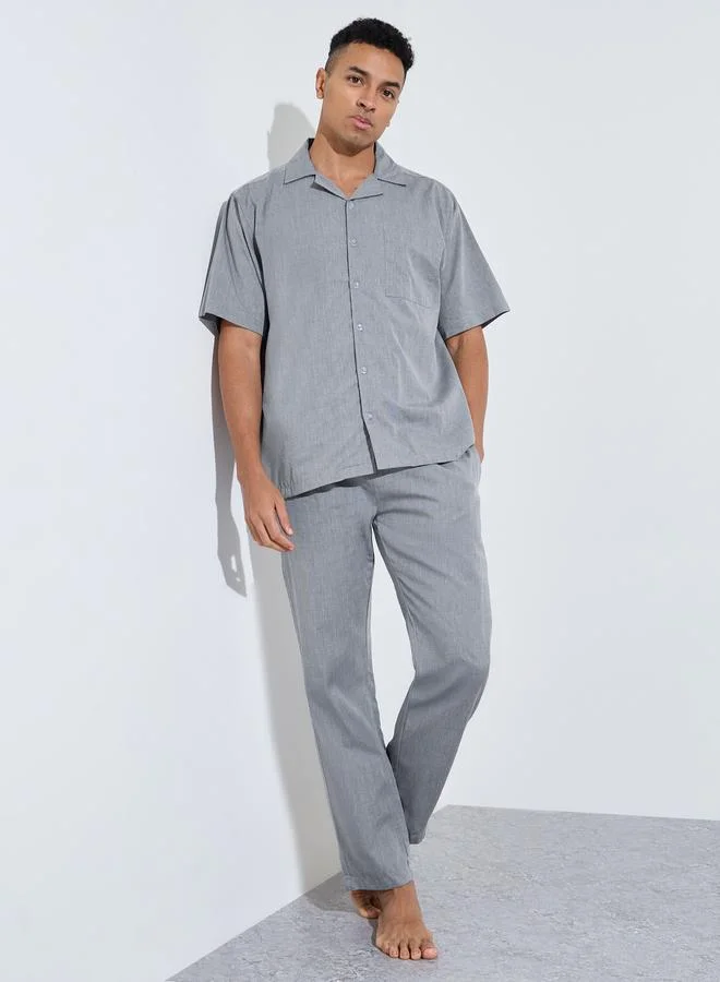 Grey Solid Short Sleeves Shirt And Straight Leg Pants Pyjama Set