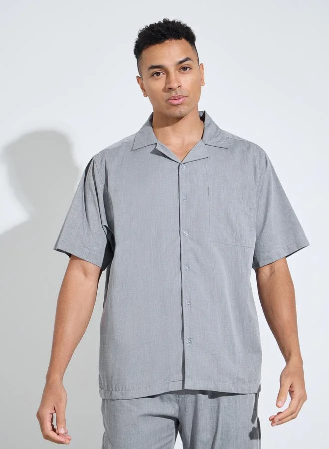 Styli  Grey Solid Short Sleeves Shirt And Straight Leg Pants Pyjama Set for Men | Best Price UAE