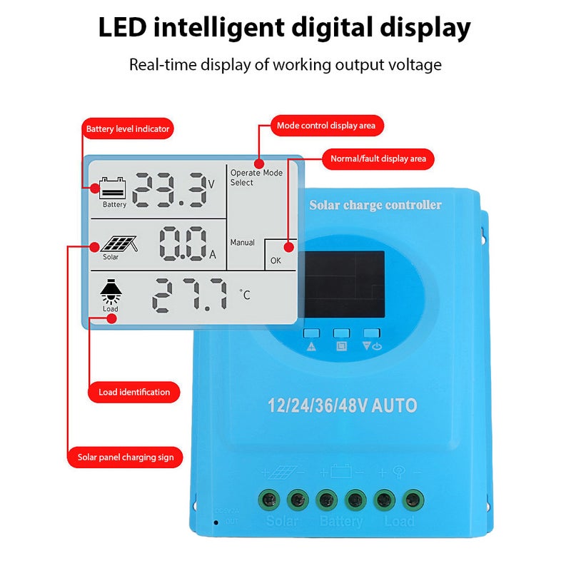 100A تحكم شحن شمسي MPPT 12V 24V 36V 48V تكيف تلقائي مع شاشة LCD مصممة بإضاءة سوداء منظم ذكي لأصحاب البطاريات الرصاص الحمضية والليثيوم ومخرجات USB مزدوجة - Image 4