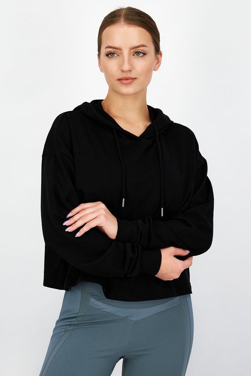 XOXO Women Cropped Hooded Plain Long Sleeves Sweatshirt, Black - Image 1