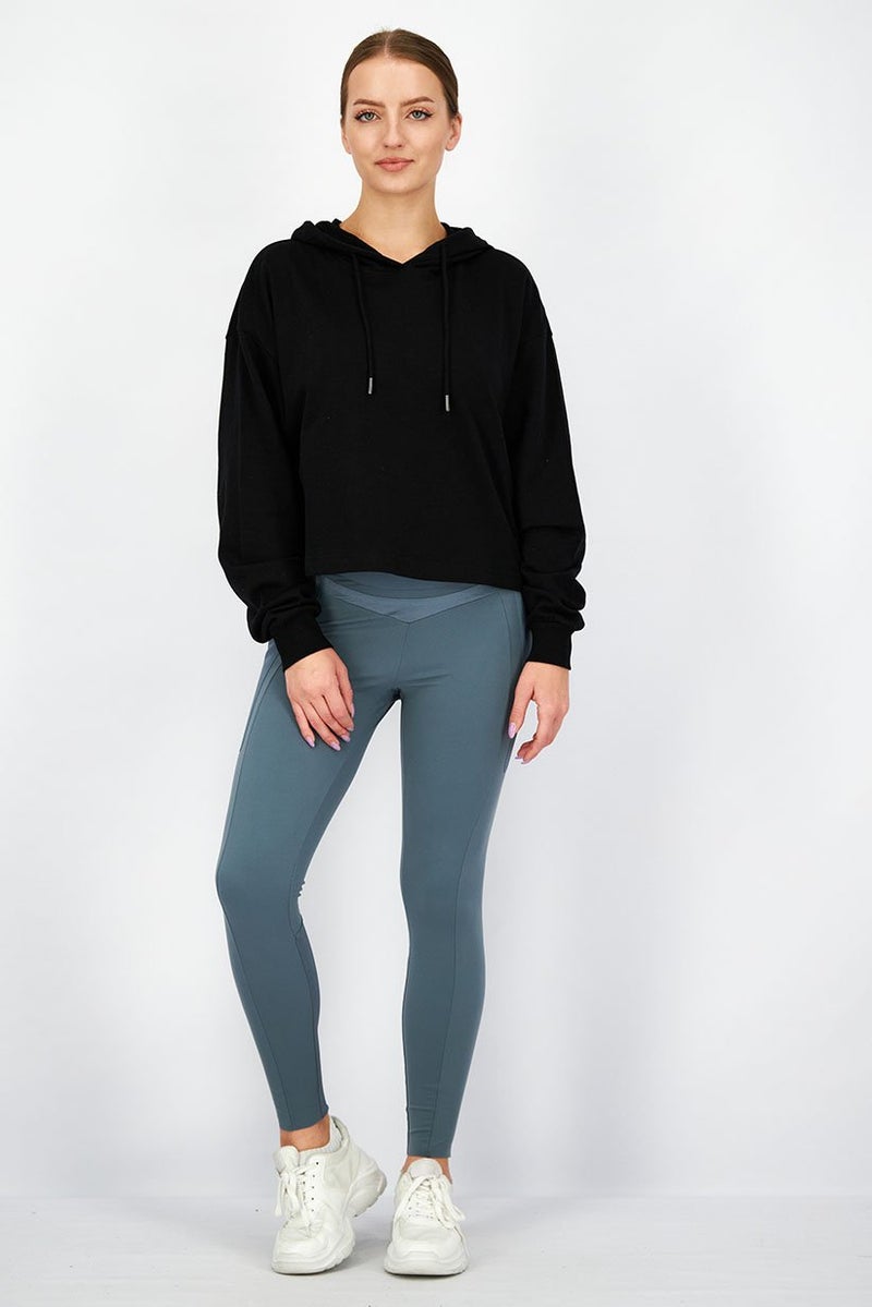 XOXO Women Cropped Hooded Plain Long Sleeves Sweatshirt, Black - Image 3