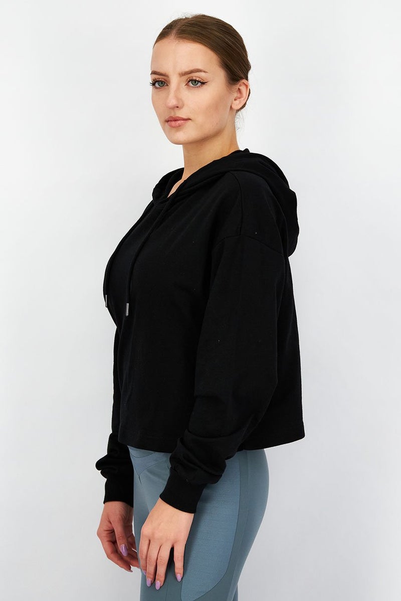 XOXO Women Cropped Hooded Plain Long Sleeves Sweatshirt, Black - Image 2