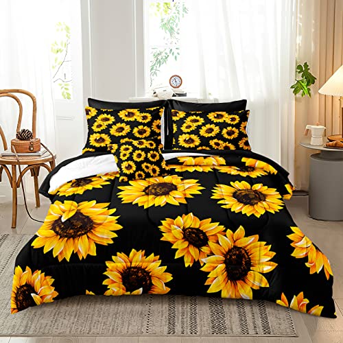 Merryword Black Sunflower Comforter Set King Size 8 Pieces Bed in a Bag Yellow Flower Design Bedding with 1 Comforter 4 Pillowcase 1 Flat Sheet 1 Fitted Sheet 1 Cushion Cover