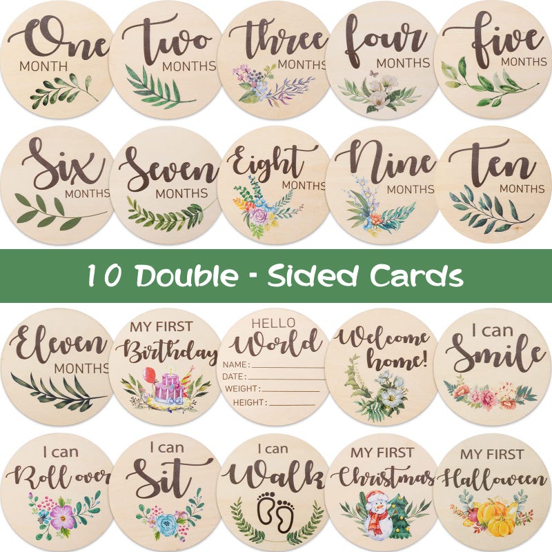Giftacity Baby Monthly Milestone Cards Sign - 10 Double Sided Marker Wooden Circles Discs Newborn Photography Prop, Pregnancy Journey Birth Announcement Sign Baby Boy and Girl Gift Sets - Image 5