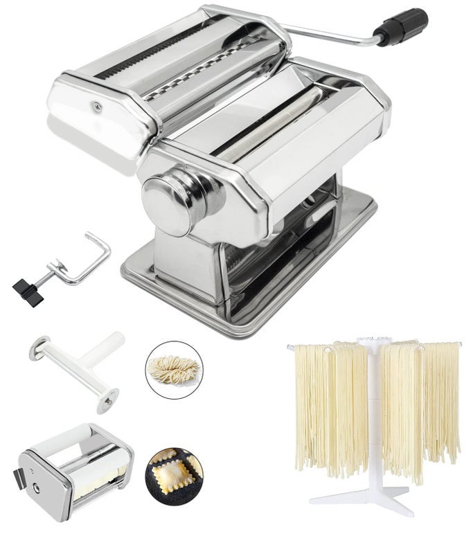 PASTA MAKER MACHINE SET OF 6 PIECE 150MM STEEL NOODLE MAKER MACHINE WITH 9 ADJUSTABLE THICKNESS SETTINGS INCLUDES RAVIOLI MAKER ATTACHMENT PASTA DRYING RACK MZ150PR