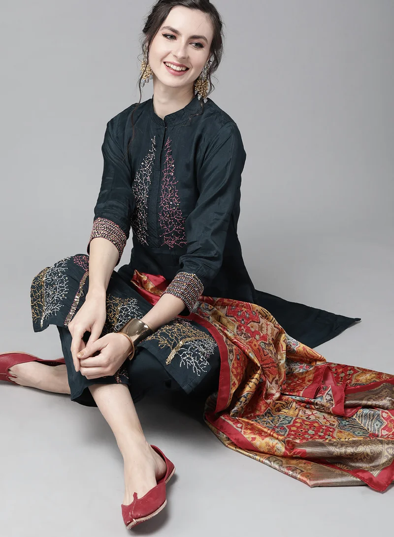 Women Teal Blue & Red Embroidered Kurta With Trousers & Dupatta