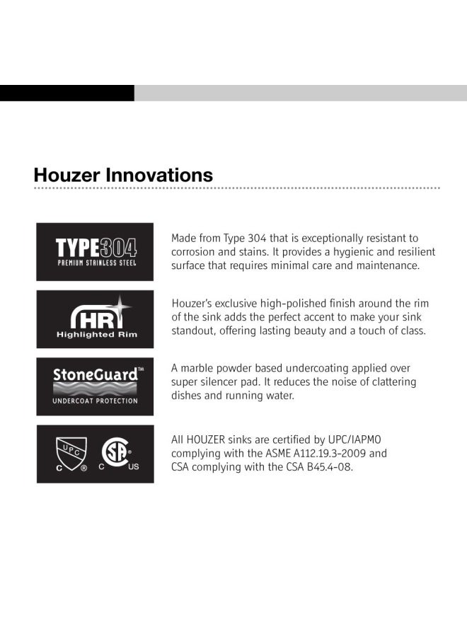 Houzer Sts 1300 1 Eston Series Undermount Stainless Steel Single Bowl Kitchen Sink 18 Gauge - Image 3