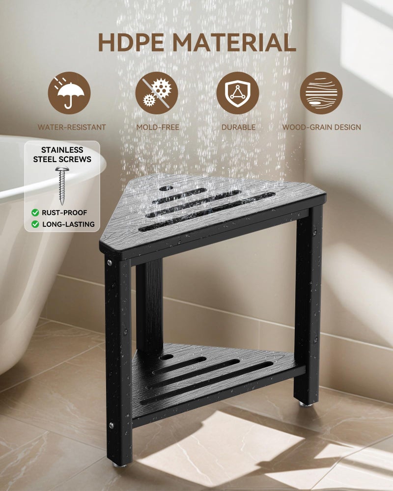 ONSGLM Shower Foot Rest 15in, HDPE Waterproof Shower Stool for Inside Shower, Corner Shower Stool for Shaving Legs with Storage Shelf for Small Space, Shower Step Stool, Plastic Corner Shower Bench, Black - Image 4