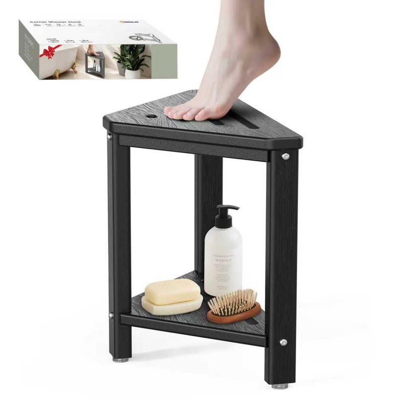 ONSGLM Shower Foot Rest 15in, HDPE Waterproof Shower Stool for Inside Shower, Corner Shower Stool for Shaving Legs with Storage Shelf for Small Space, Shower Step Stool, Plastic Corner Shower Bench, Black - Image 1