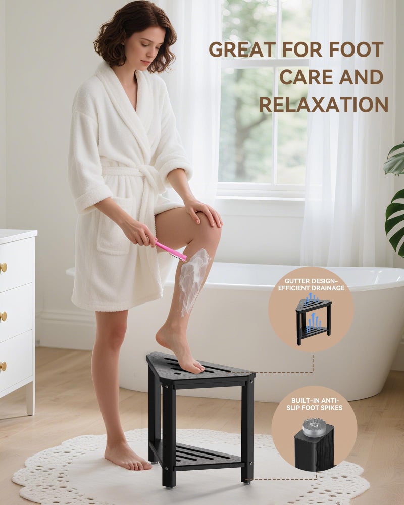 ONSGLM Shower Foot Rest 15in, HDPE Waterproof Shower Stool for Inside Shower, Corner Shower Stool for Shaving Legs with Storage Shelf for Small Space, Shower Step Stool, Plastic Corner Shower Bench, Black - Image 2