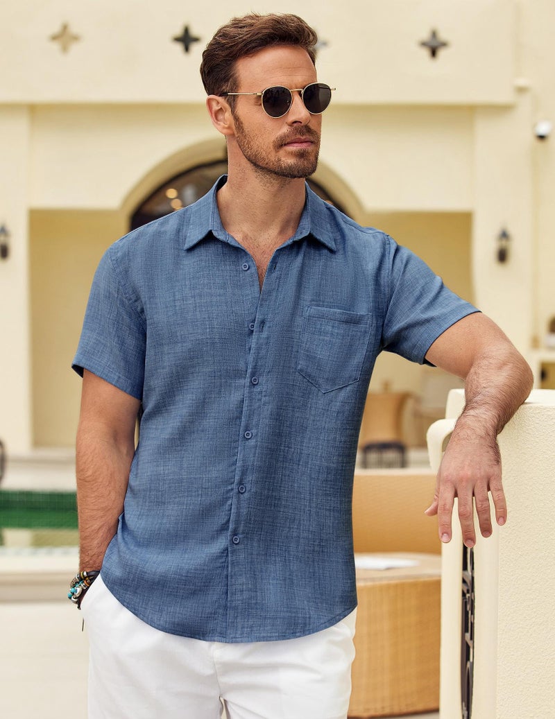 COOFANDY Mens Button Down Short Sleeve Shirt Casual Shirts Summer Beach Textured Shirts with Pocket Denim Blue - Image 2