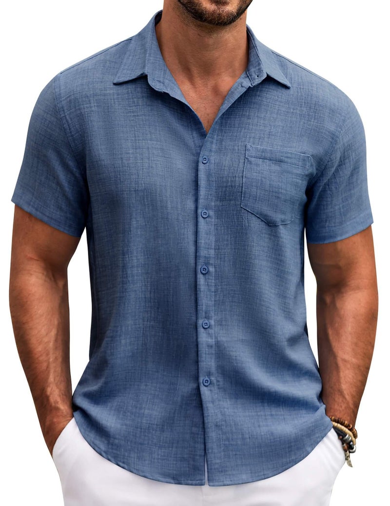 COOFANDY Mens Button Down Short Sleeve Shirt Casual Shirts Summer Beach Textured Shirts with Pocket Denim Blue - Image 5