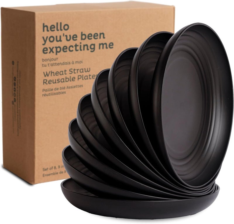Nook Theory Reusable Wheat Straw Plates 8 Pcs  Non Toxic Kids and Toddler Plate Microwavable Dishwasher Safe and Unbreakable Dinnerware Noir 9 - Image 1