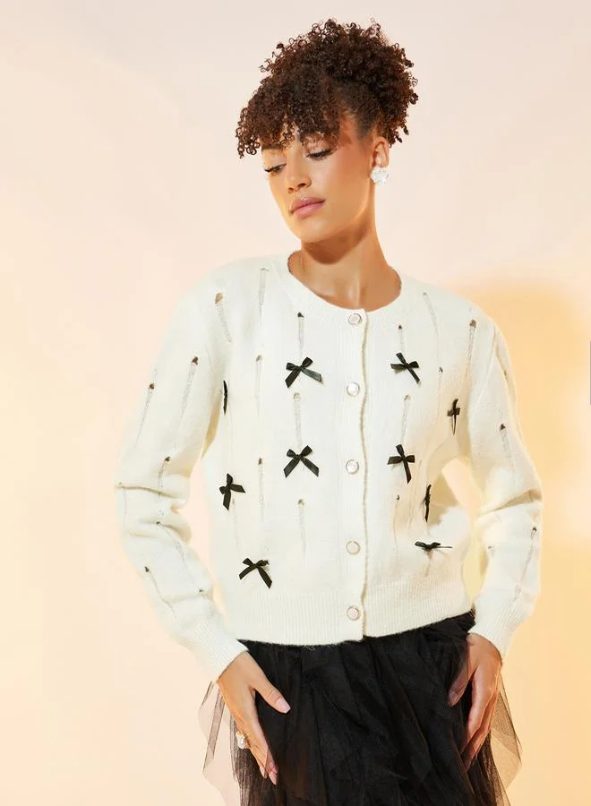 Take Two Solid Button Front Cardigan with Bow Details