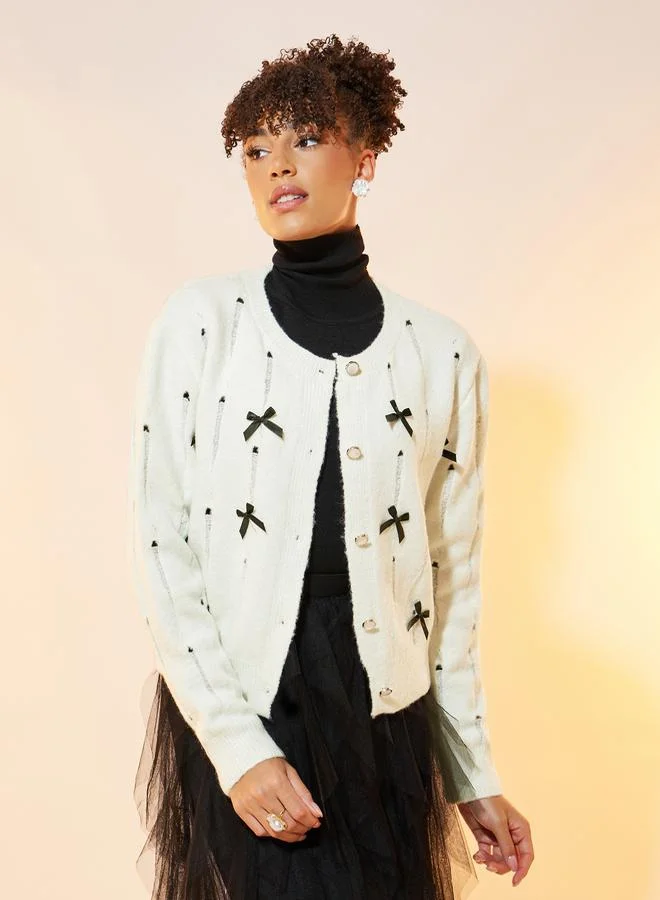 Take Two Solid Button Front Cardigan with Bow Details