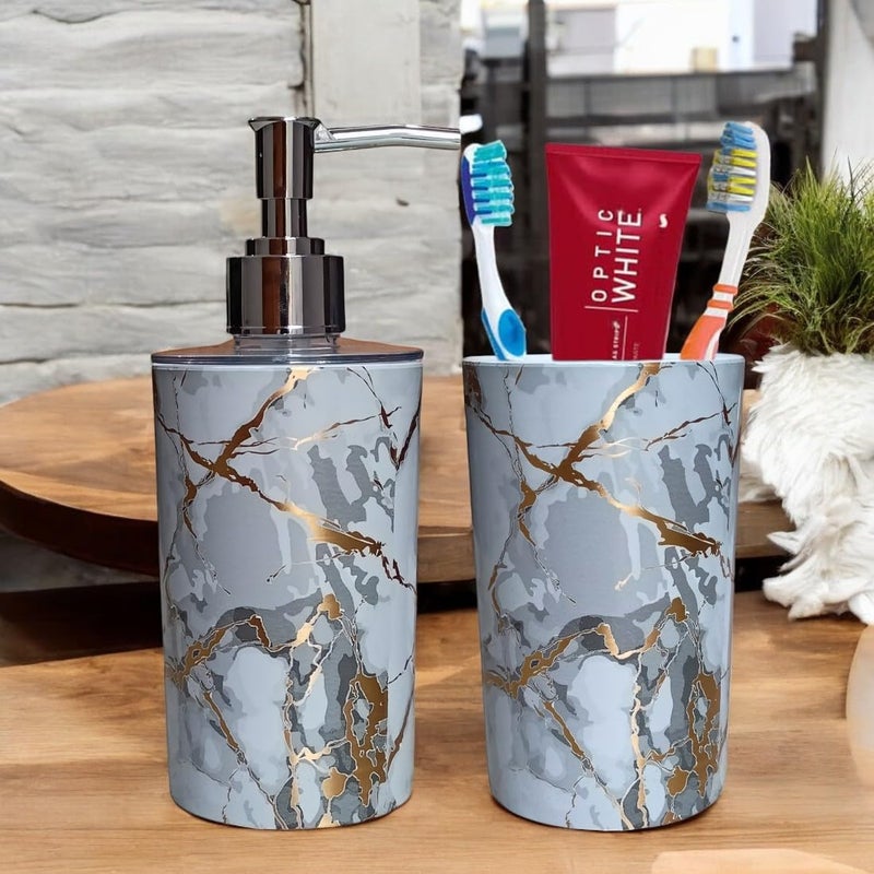 LAGET® Liquid Soap Dispenser for Bathroom, Tooth Brush Holder/Stand/Kitchen 2 Set for Utility and Bathroom Décor (Pack of 2) 250ML White Gold Thunder Print - Image 1