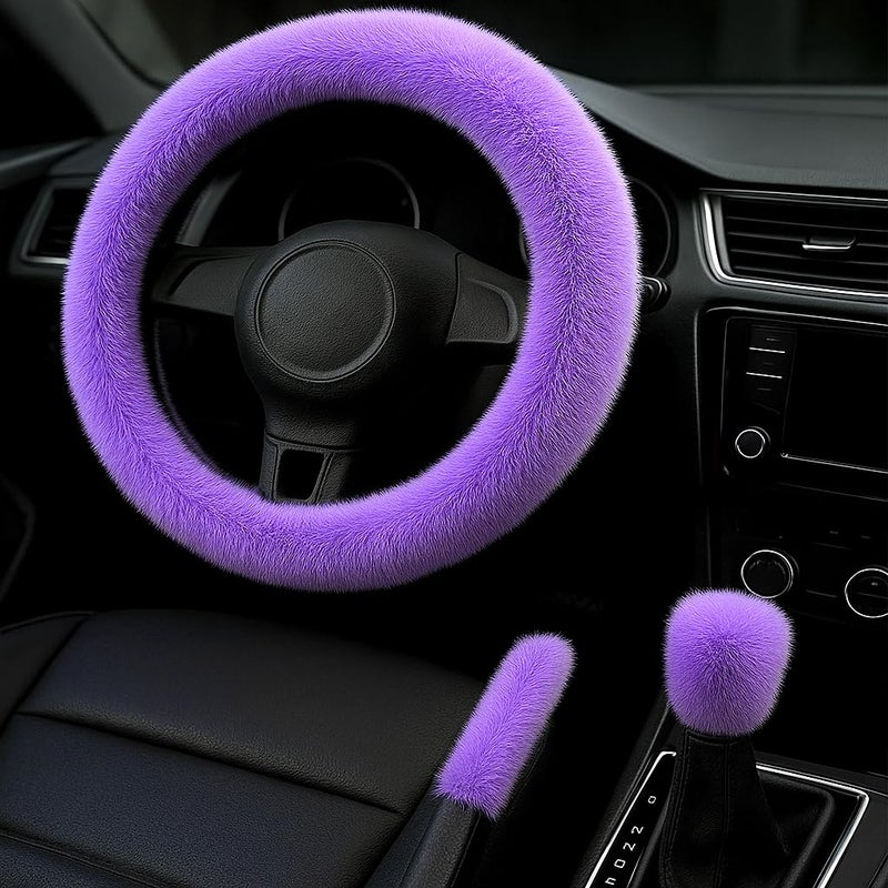 I3DIDEA Fluffy Steering Wheel Cover 3PCS Set Plush Fuzzy Fur Steering Wheel Cover with Gear Shift Cover Handbrake Cover Winter Warm Car Accessories Car Interior Accessories for Women Purple - Image 3