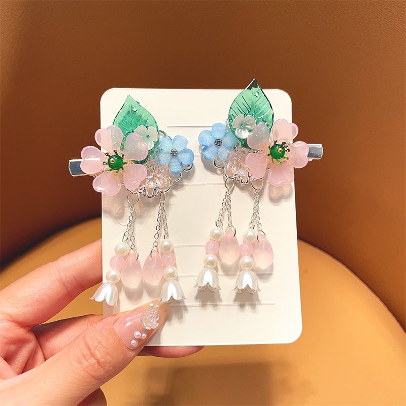 Generic New Childrens Antique Hair Accessories Flower Butterfly Antique Headwear Retro Tassel Streaming Belt Hanfu Hairpin Tang Clothing Accessories 76 pink flowers and green leaves (pair)