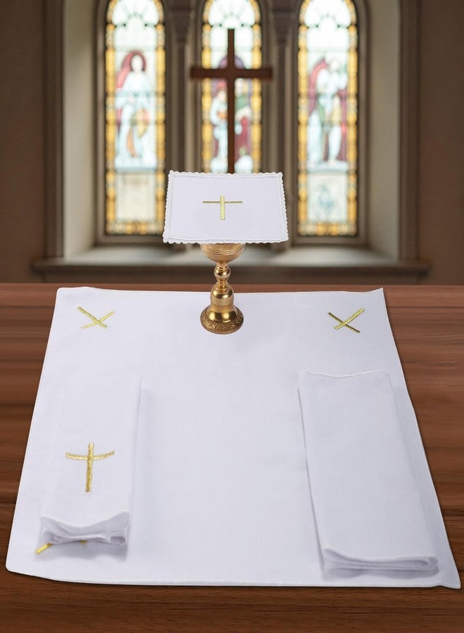 TALPGOD 4 Pcs Altar Supplies Linen Corporal for Churches Sets (Pall,Corporal,Purificator,Towel) White Linen Altar Cloth Gold Cross Embroidery,Mass Kits Catholic for Priest - Image 1