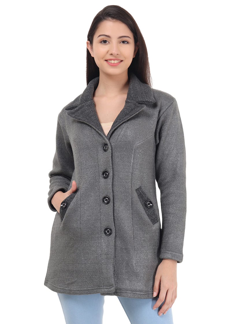 Matelco Womens Woollen Collared Coat Cardigan (IN, Alpha, M, Charcoal Grey) - Image 1