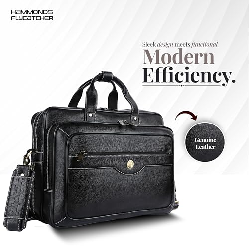 HAMMONDS FLYCATCHER Genuine Leather Expandable Office Bag for Men with Trolley Strap, Adjustable Strap, 15.6 Inch Leather Laptop Bag for Men for Office, Travel, Daily Use - 1 Year Warranty - Black - Image 2