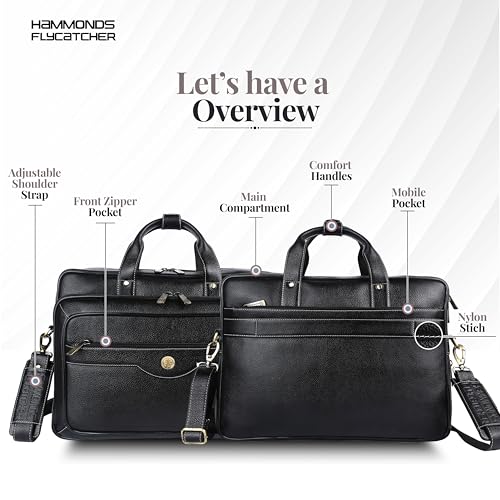HAMMONDS FLYCATCHER Genuine Leather Expandable Office Bag for Men with Trolley Strap, Adjustable Strap, 15.6 Inch Leather Laptop Bag for Men for Office, Travel, Daily Use - 1 Year Warranty - Black - Image 3