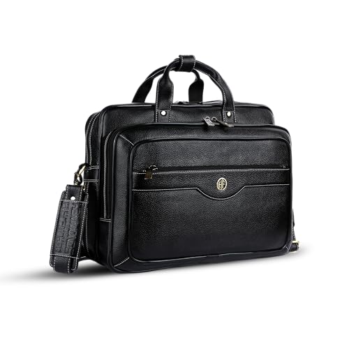 HAMMONDS FLYCATCHER Genuine Leather Expandable Office Bag for Men with Trolley Strap, Adjustable Strap, 15.6 Inch Leather Laptop Bag for Men for Office, Travel, Daily Use - 1 Year Warranty - Black - Image 1