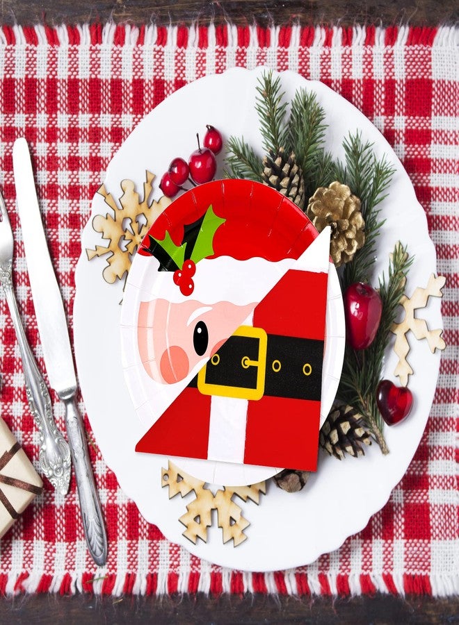 Whaline 90Pcs Christmas Party Supplies Set 9In Santa Claus Pattern Paper Plates and 6.5 In Santa Belts Printed Paper Napkins Cute Christmas Disposable Tableware for 40 Guests Xmas Holiday Dinner - Image 3