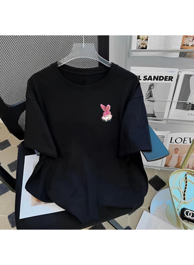 Song Feng Ya Graffiti Rabbit Tiktok Hot Real Shot Heavy Thick Summer Fashionable New Girl Style Pure Cotton Short-sleeved T-shirt For Women