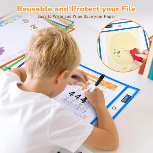 Gamenote 30 Pack Dry Erase Pockets with 5 Rings, 10 Assorted Colors 10x14 Oversized Reusable Plastic Sleeves, Clear Sheet Protectors, Teacher Supplies for Classroom Organization - Image 3
