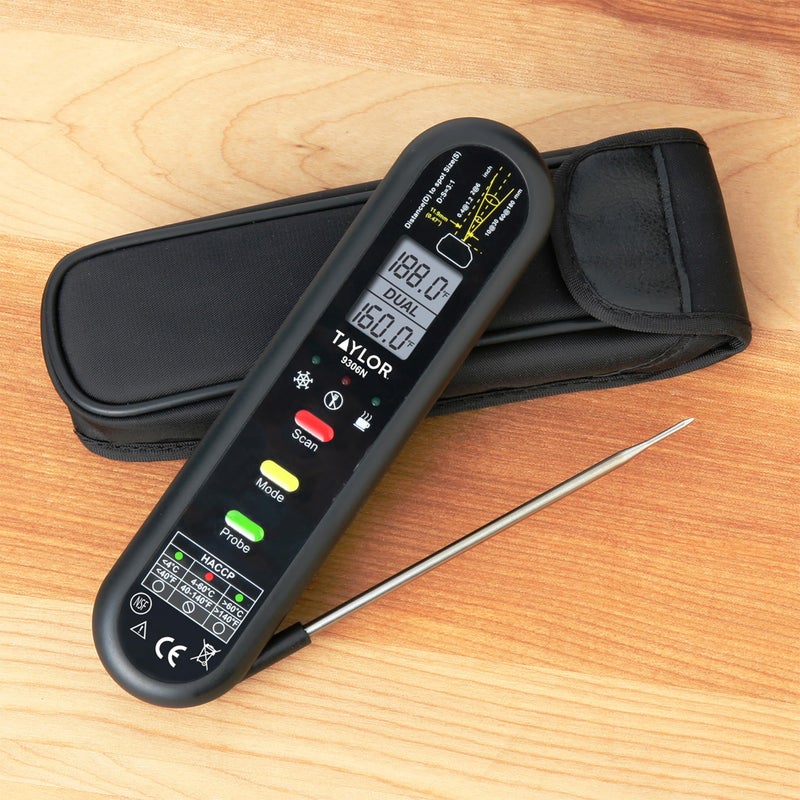 Taylor Dual Temp Infrared Thermocouple Thermometer, Multi-Functional Infrared Mode, Dual Line LCD, HOLD, Min/Max; Step Down Probe, Water Resistant, Black - Image 2