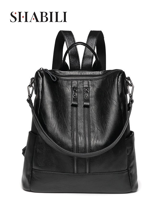 Women PU Large-Capacity Multi-Pocket Sewing thread Backpack Back Bag College School Laptop for Daily Casual Travel, Ladies Anti-Theft Shoulder Tourist Bag with Strap for Teenager Youth Commute (Black)