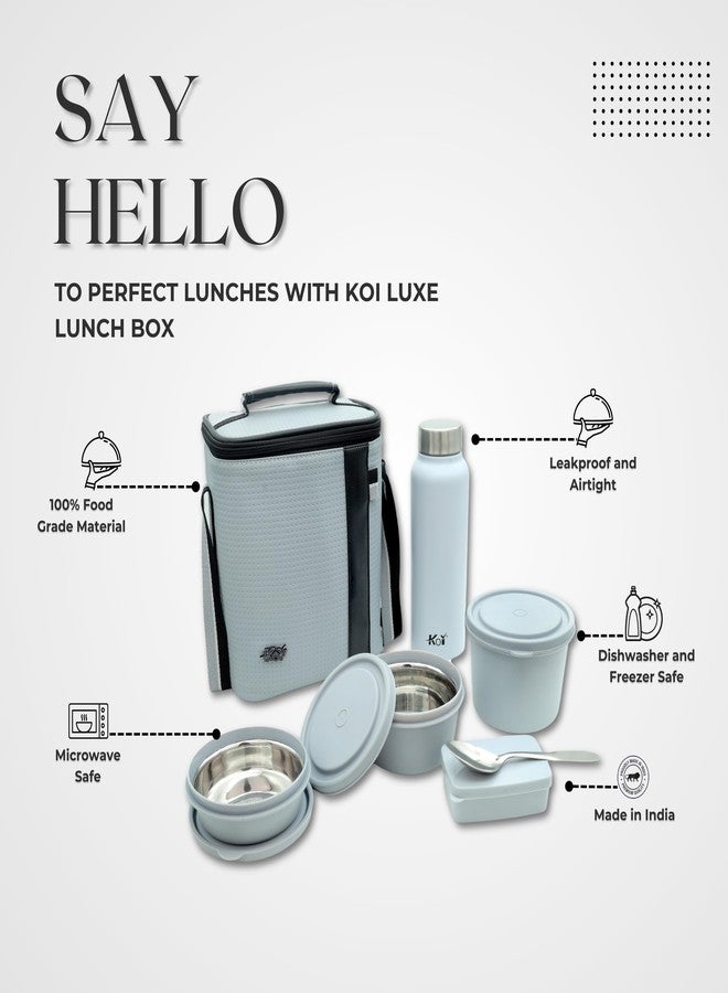كوي طقم علبة طعام فاخرة من الفولاذ المقاوم للصدأ من KOI للمكتب | حقيبة معزولة وعلبة مخلل بلاستيكية سعة 180 مل | 3 علب غداء للمكتب 290×450×600 مل وزجاجة ماء سعة 750 مل | رمادي - Image 2