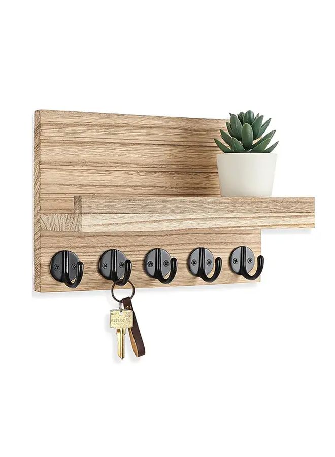 No Drill Wall Shelf Wood Color Key Holder Mail Organizer Space Saving Modern Decor - Image 5