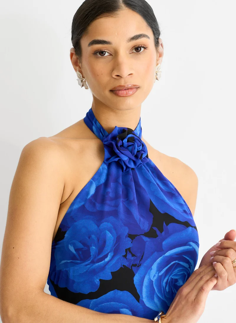 Gini London  Blue Floral Occasion Halter Maxi Dress for Women | Best Price UAE