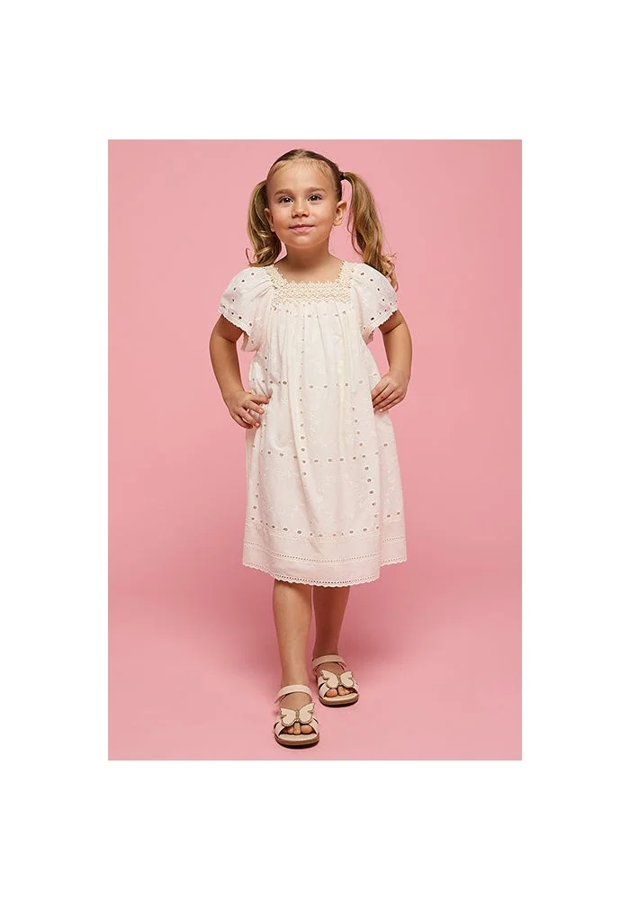 R&b Schiffli A-Line Dress with Square Neck and Cap Sleeves