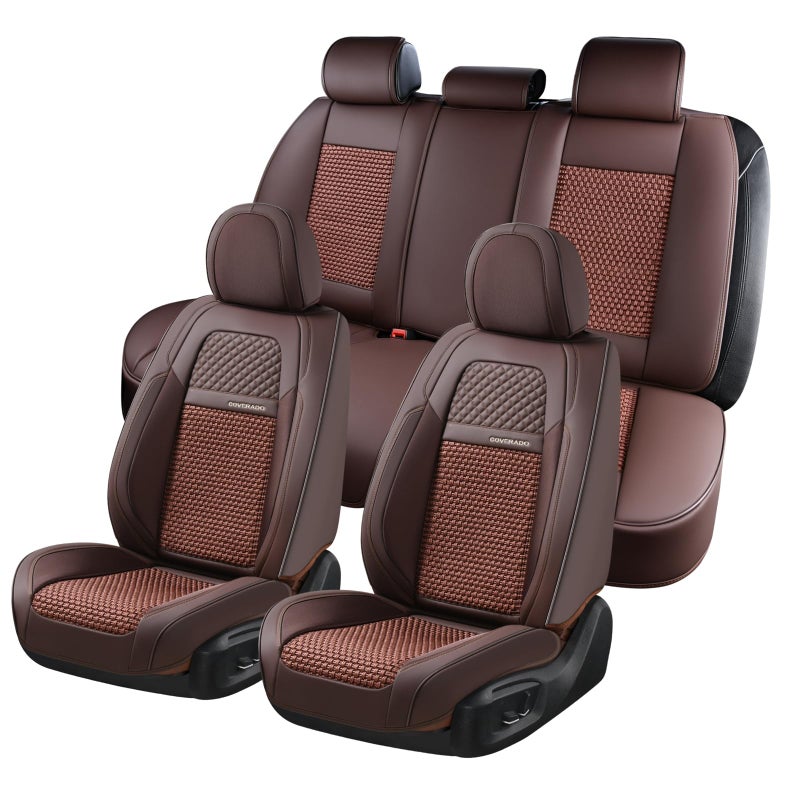 Coverado Car Seat Covers Full Set 5 Seats Car Seat Protector Leather Woven Universal Breathable Car Seat Cover Front Seats Back Seats Car Seat Cushion Fit for Most Vehicles Brown