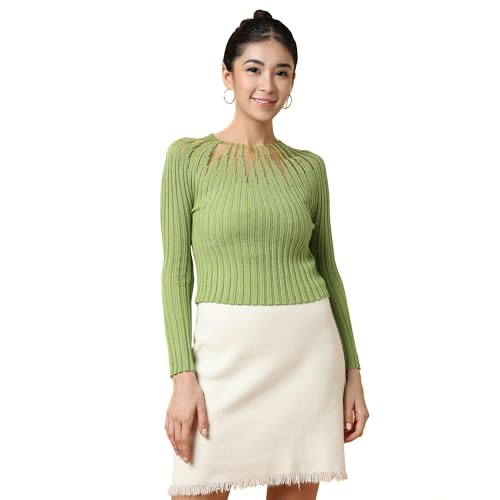 ICW Women Knitted Rhinestone Embellised Daimond Studded Mesh Round Neck Long Sleeve Crop Top T-Shirt 206 (X-Small, Green) - Image 1