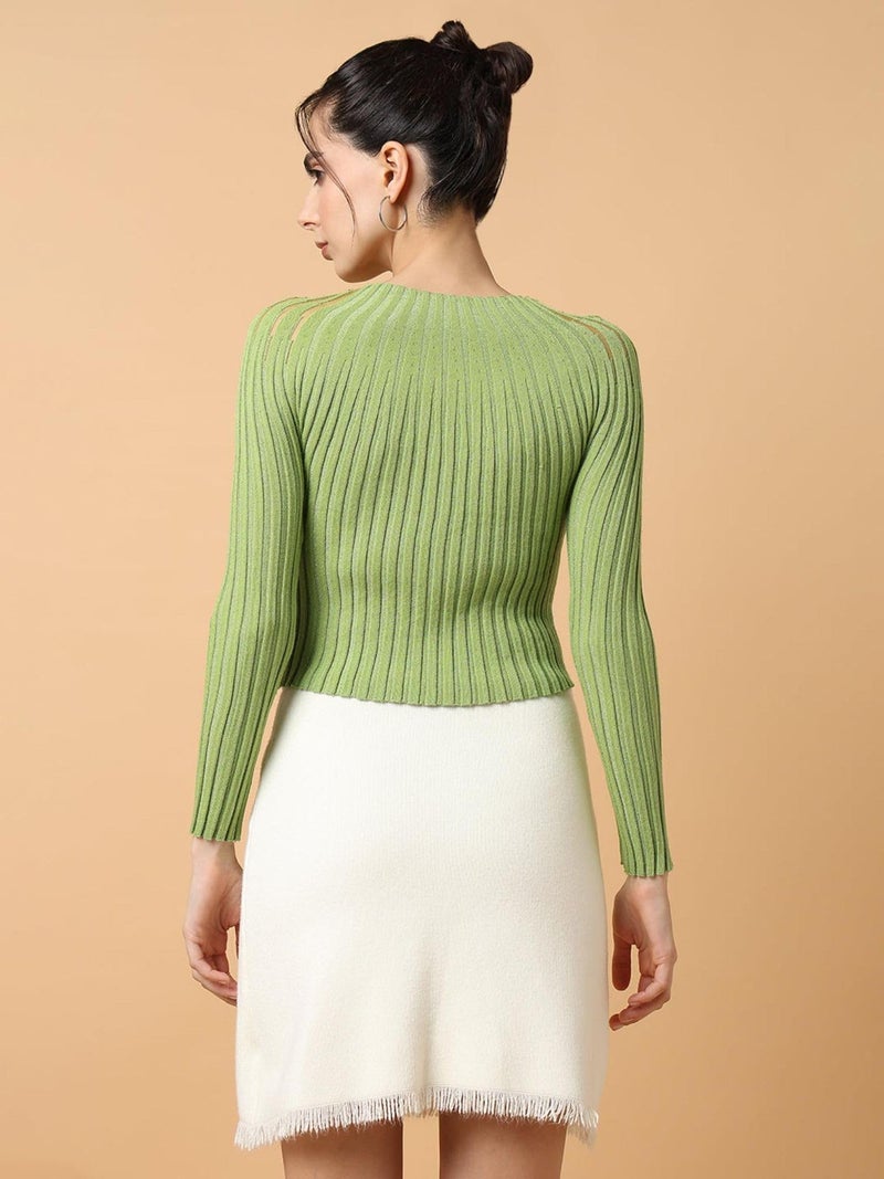 ICW Women Knitted Rhinestone Embellised Daimond Studded Mesh Round Neck Long Sleeve Crop Top T-Shirt 206 (X-Small, Green) - Image 3