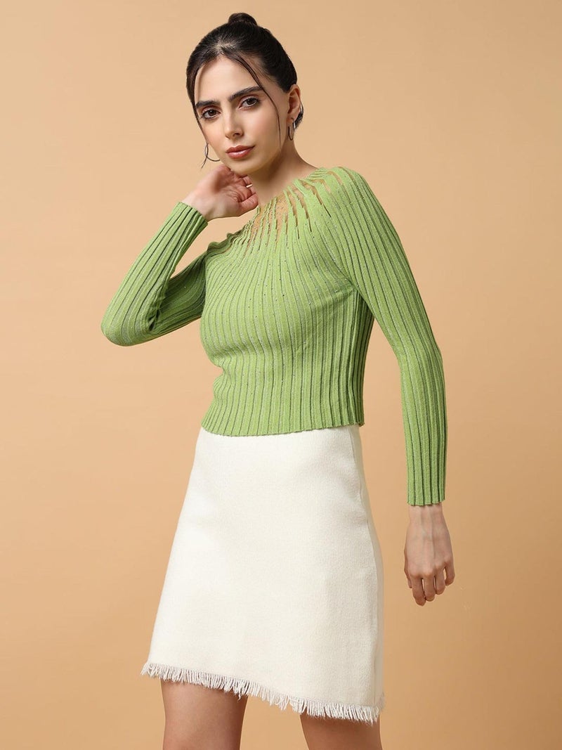 ICW Women Knitted Rhinestone Embellised Daimond Studded Mesh Round Neck Long Sleeve Crop Top T-Shirt 206 (X-Small, Green) - Image 5
