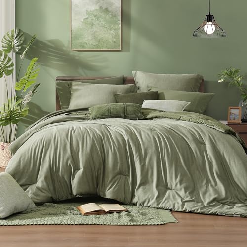 Monbix Full Size Comforter Set Sage Green Bedding Comforter for Full Size Bed Set Reversible Bedding Sets Full 7 Pieces Cationic Dyeing Bed in a Bag with Comforter Sheets Pillowcases Shams - Image 1