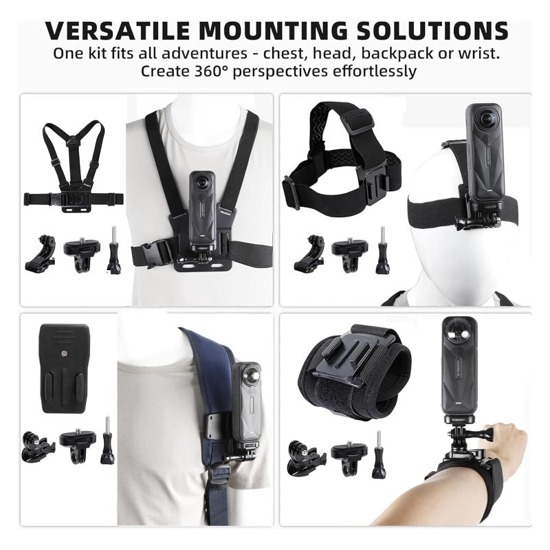 PELLKING Accessories Kit for Insta 360 X5 X4 X3 X2, Chest Mount Head Strap Harness Backpack Clip Holder Wrist Strap, 360Â°Rotating Adapter + Quick Release for Insta360 One X5 X4 X3 Camera Accessory Bundle - Image 3